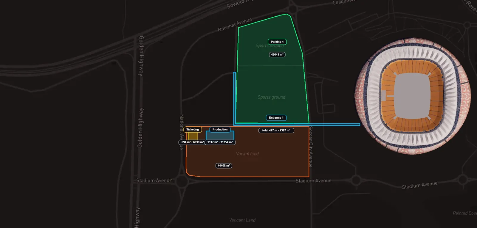 Festival site plan at FNB Stadium: parking, entrance, ticketing and production zones with measured areas — Dark streets
