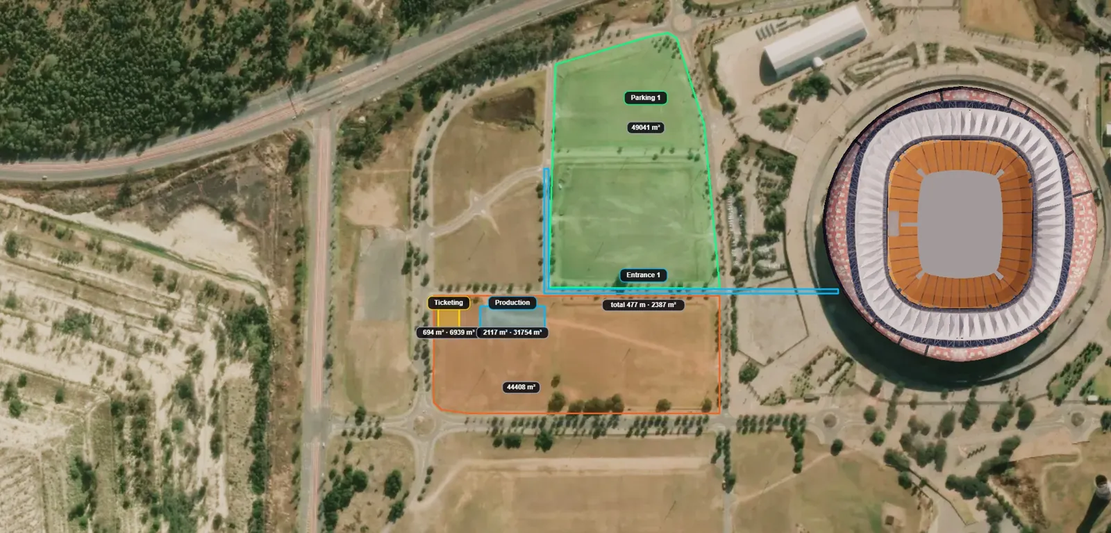Festival site plan at FNB Stadium: parking, entrance, ticketing and production zones with measured areas — Satellite
