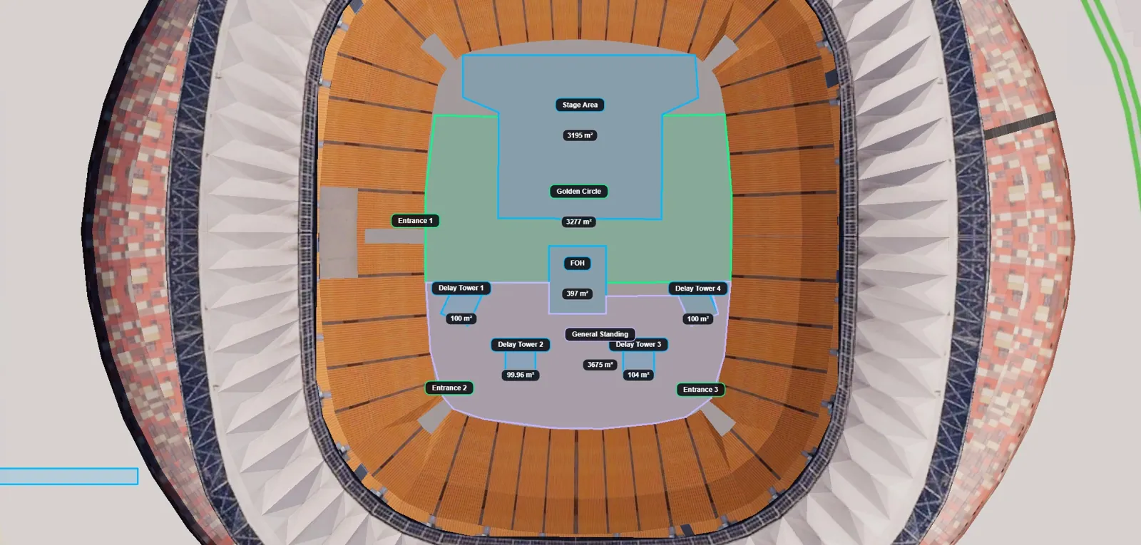 Stadium bowl zoned into stage area, golden circle, FOH, delay towers and general standing, each with its measured square meterage